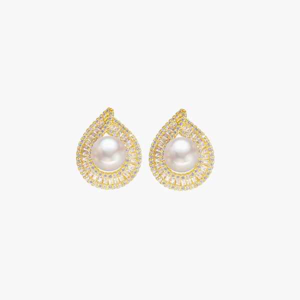 Sparkly Rhinestone Pearlized Trimmed Stud Earrings - Gold