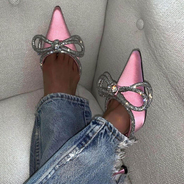 Sparkly Rhinestone Pointed Toe Ankle Strap Satin Butterfly Heels - Pink