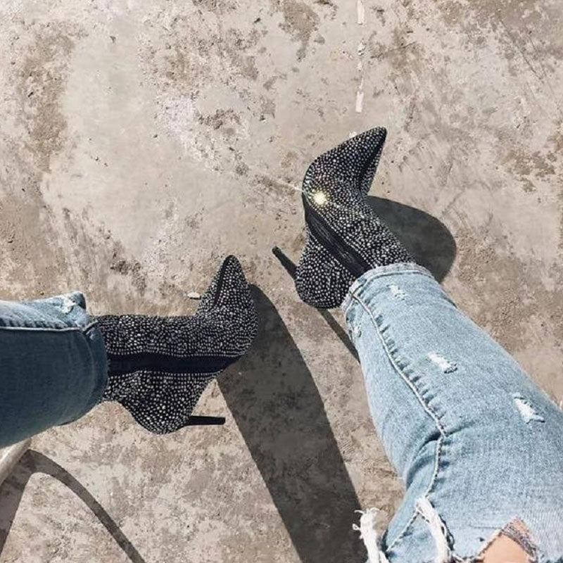 Sparkly Rhinestone Pointed Toe High Heeled Suede Ankle Boots - Black