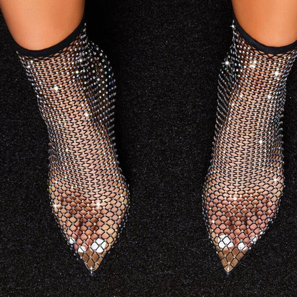 Sparkly Rhinestone Pointed Toe Naked Mesh Ankle Boots - Black