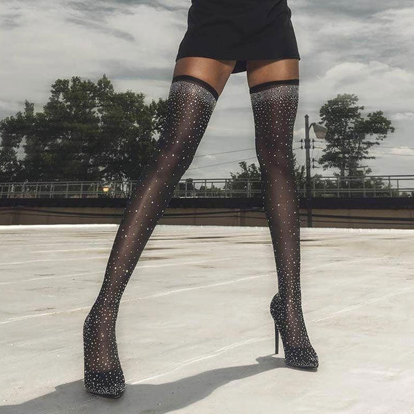 Sparkly Rhinestone Pointed Toe Stiletto Heel Thigh High Boots - Black
