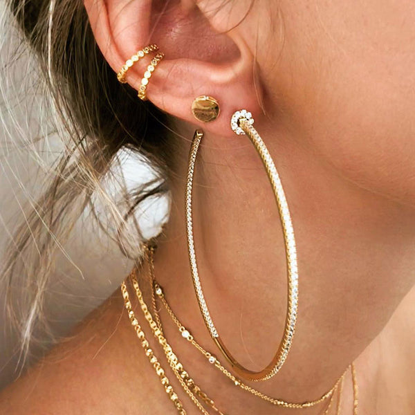 Sparkly Rhinestone Studded Pleated Large Hoop Earrings - Gold