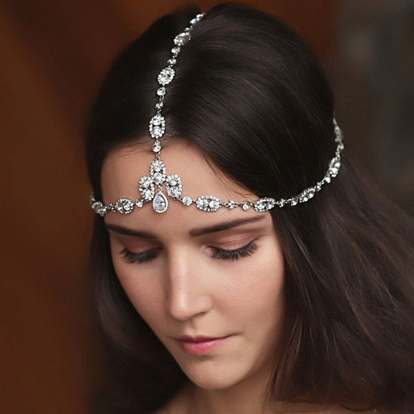 Sparkly Rhinestone Teardrop Embellished Layered Head Chain - Silver