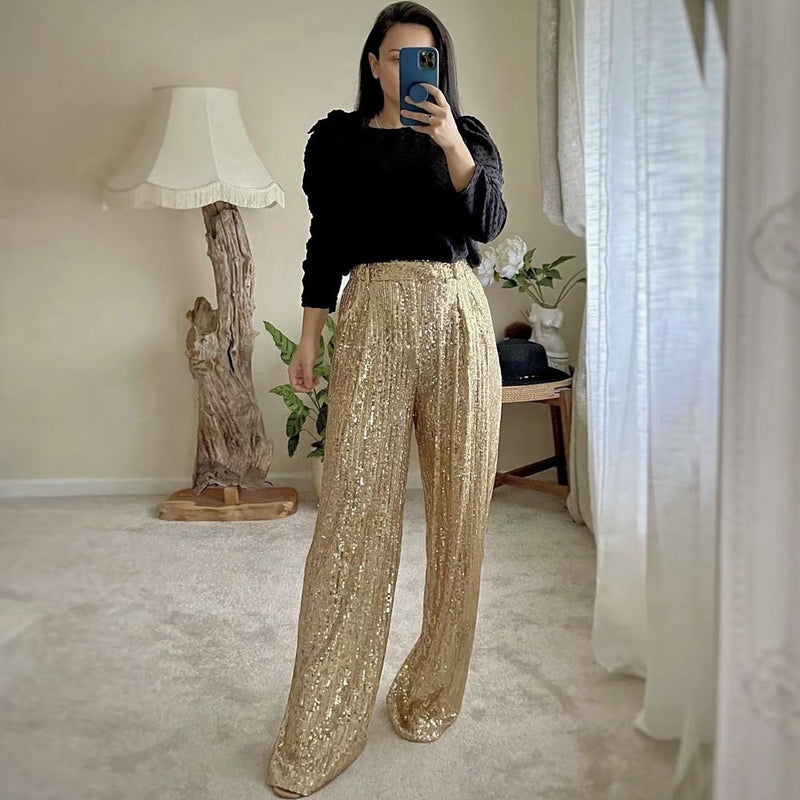 Black Sequin High Rise Wide Leg Pant | maurices