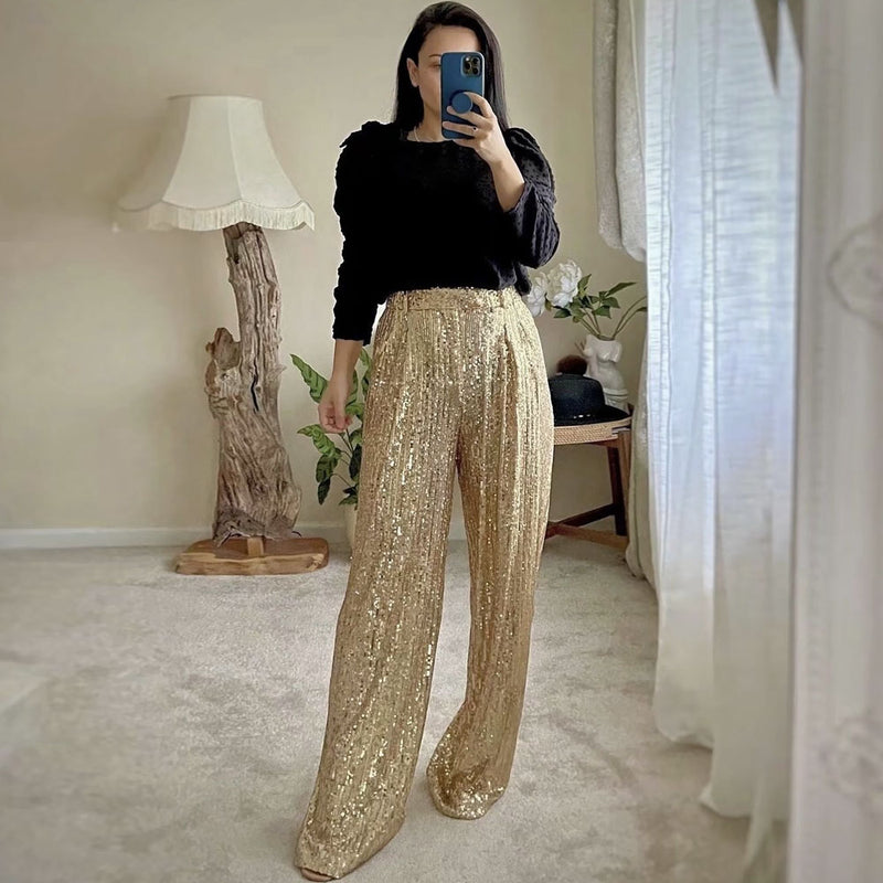 Golden Georgette Palazzo Pant Set Design by Arpita Sulakshana at Pernia's  Pop Up Shop 2024