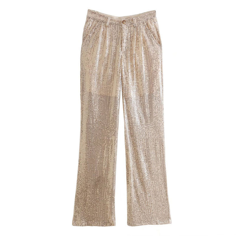 Sparkly Sequin Embellished High Waist Side Pocket Wide Leg Pants - Gold