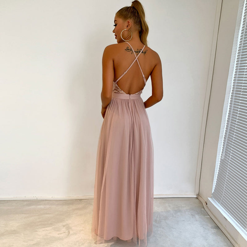 Sparkly Sequin Panel Mesh Deep V Backless Evening Maxi Dress - Champagne