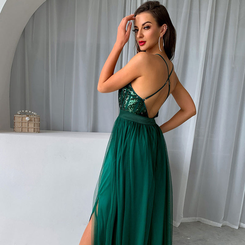 Sparkly Sequin Panel Mesh Deep V Backless Evening Maxi Dress - Emerald Green