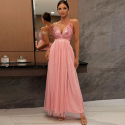 Sparkly Sequin Panel Mesh Deep V Backless Evening Maxi Dress - Pink