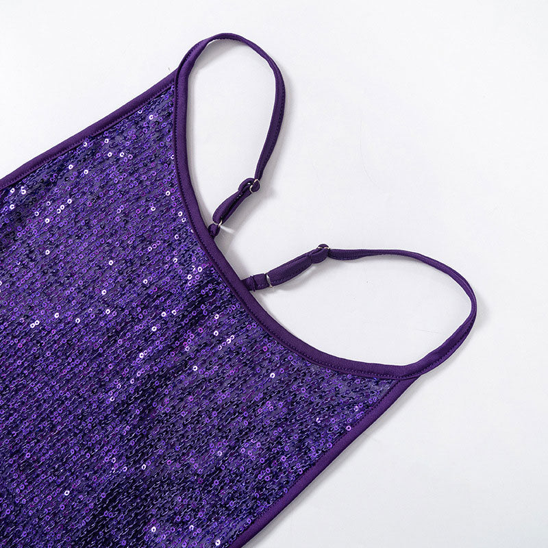 Sparkly Sequin Scoop Neck Side Split Open Back Maxi Dress - Purple