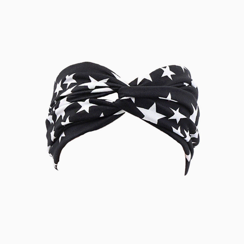 Vacation Ready Stars Print Knot Front Turban Headband - Black