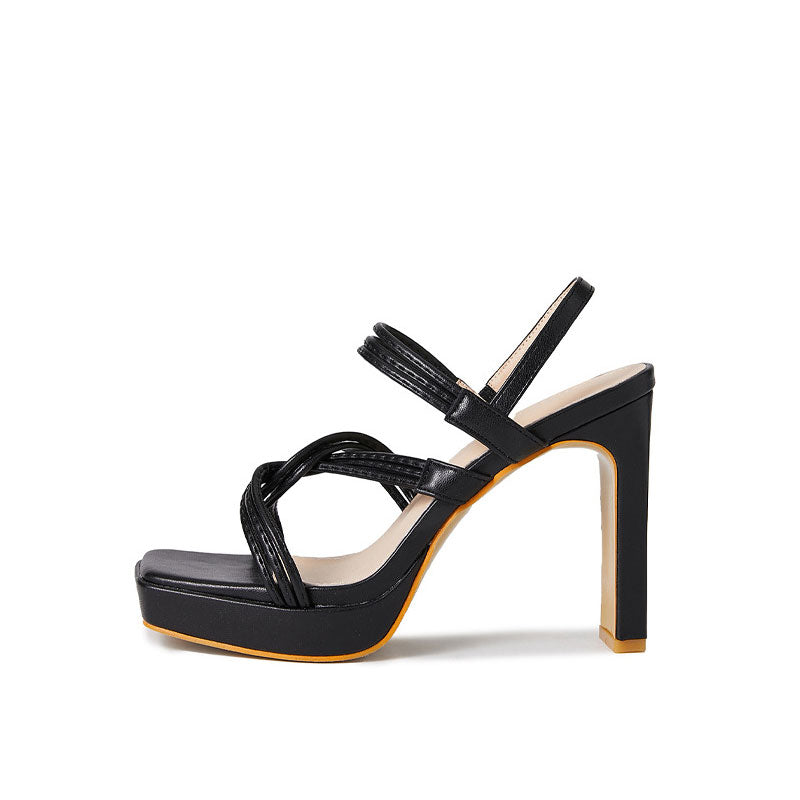 Strappy Open Toe Twisted Strap Platform High Heel Sandals - Black