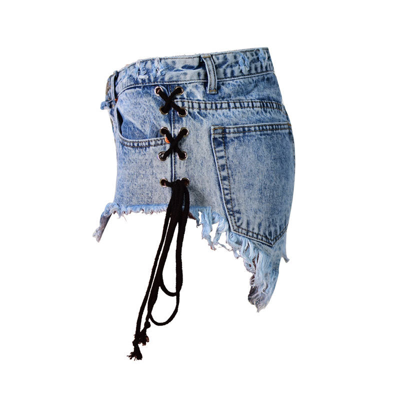 Street High Waist Lace Up Button Down Frayed Denim Shorts - Blue