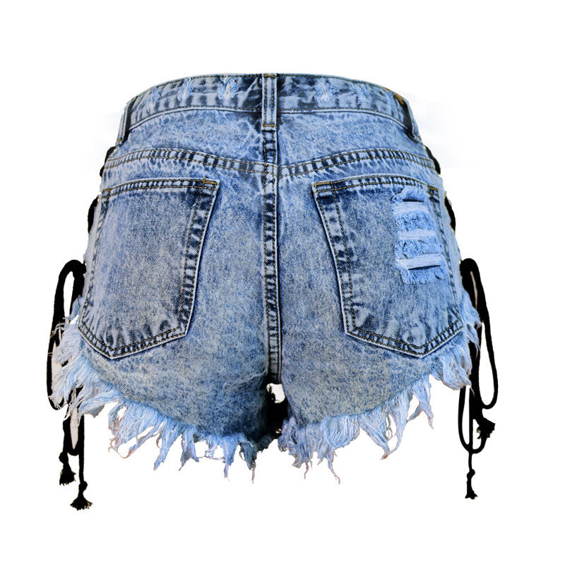 Street High Waist Lace Up Button Down Frayed Denim Shorts - Blue