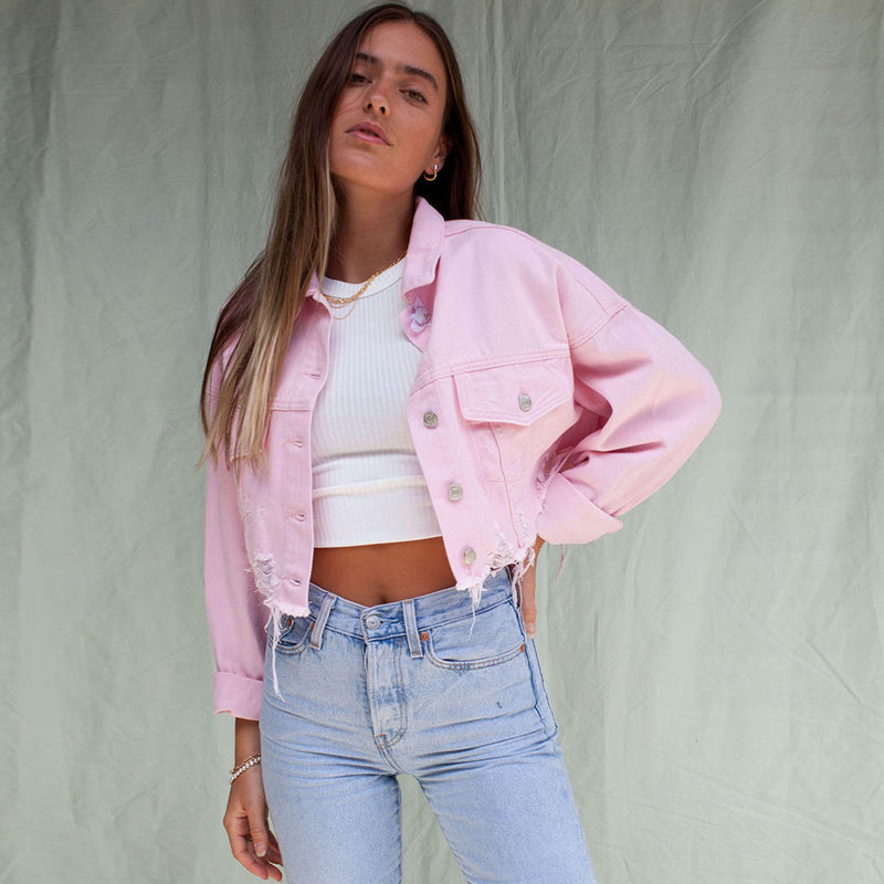 Distressed Denim Jacket with Hot Pink Fur Lining and Collar