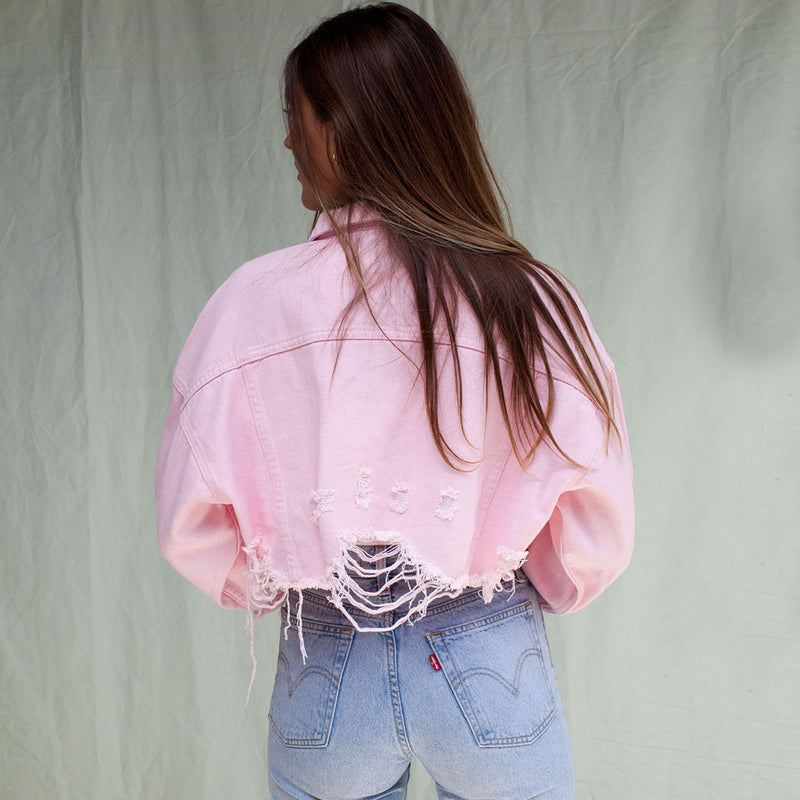 Street Long Sleeve Button Up Frayed Crop Denim Jacket - Pink