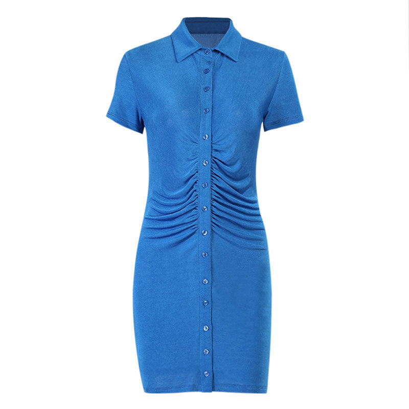 Street Point Collar Button Down Ruched Sweater Mini Dress - Blue