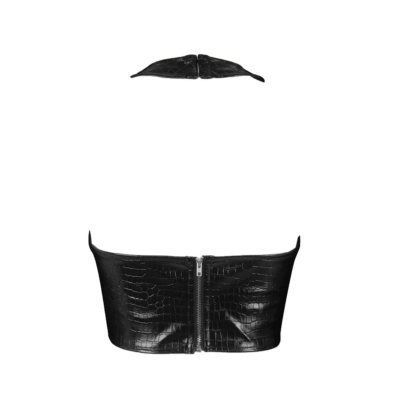 Street Style Croco Embossed Halter Neck Crop Leather Top - Black