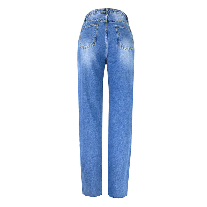 Street Style Cut Out High Waist Frayed Straight Leg Jeans- Blue