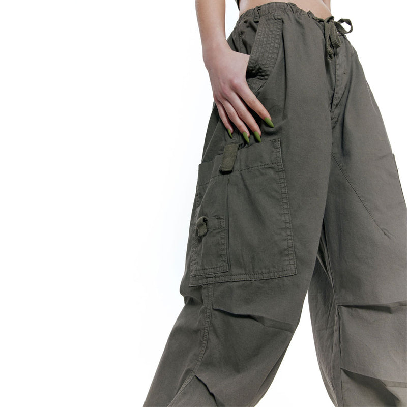 Street Style Drawstring Multi Pocket Wide Leg Baggy Cargo Pants - Army Green