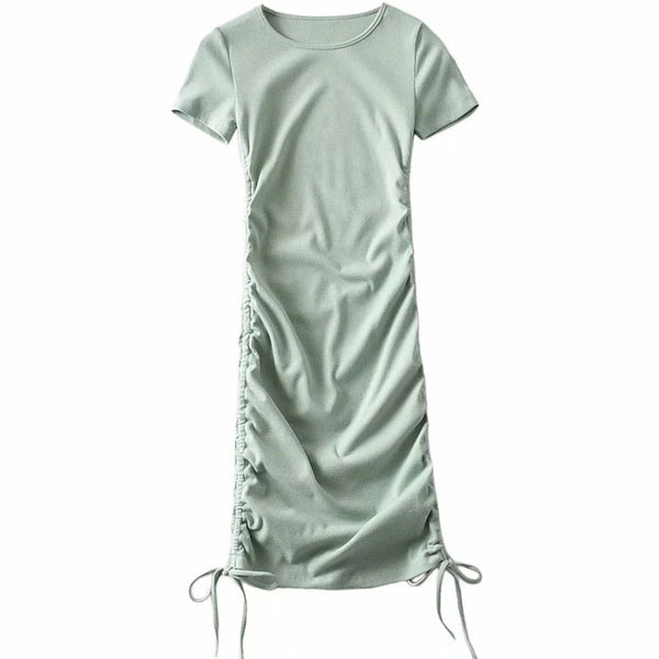 Street Style Drawstring Side Rib Knit Mini Dress - Sage Green