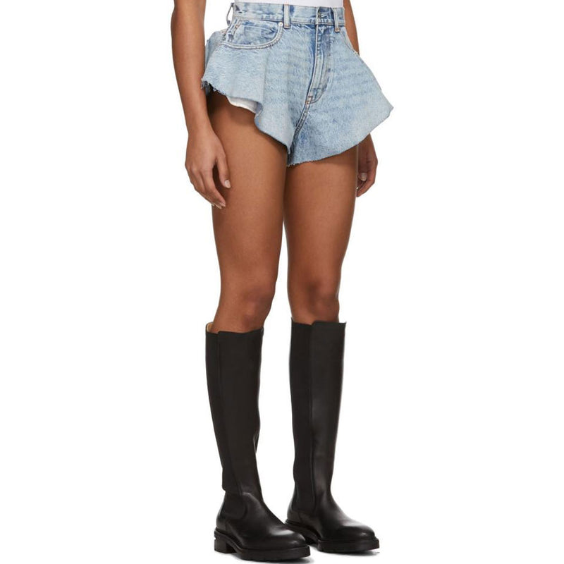 Street Style Flare Hem High Waist Wide-Leg Mini Denim Shorts - Light Blue