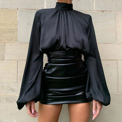 Street Style High Waist Ruched Bodycon Leather Mini Skirt - Black