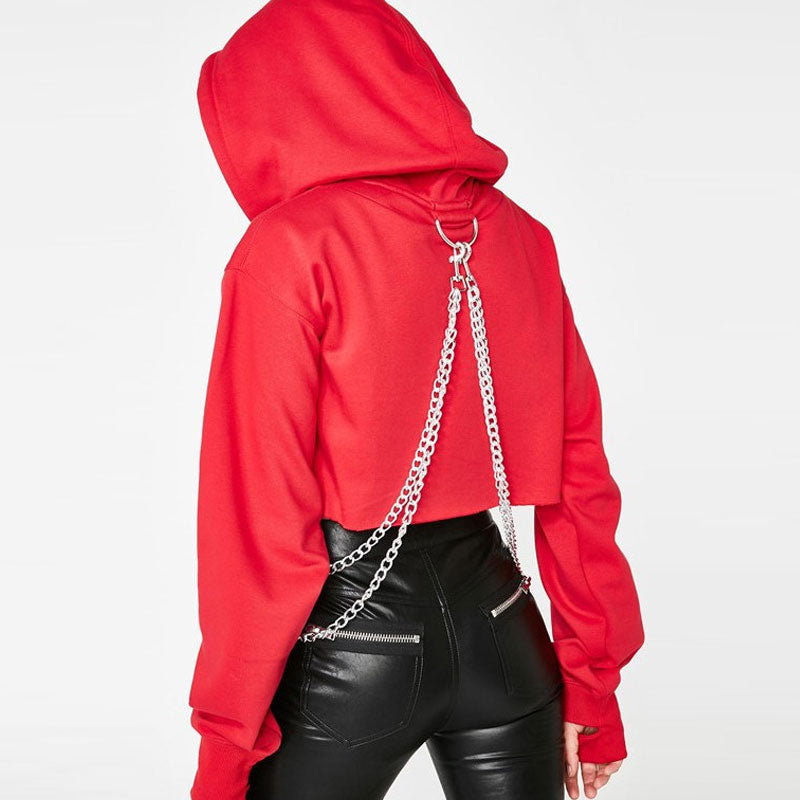 Street Style Metallic Chain Drop Shoulder Long Sleeve Cropped Hoodie - Red