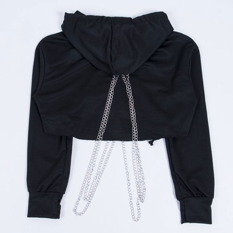 Street Style Metallic Chain Drop Shoulder Long Sleeve Cropped Hoodie - Black