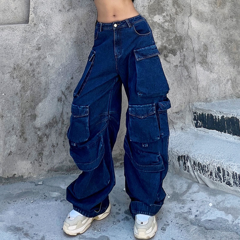 Street Style Panel Trim Patch Pocket Oversized Cargo Jeans - Blue – Trendy  & Unique