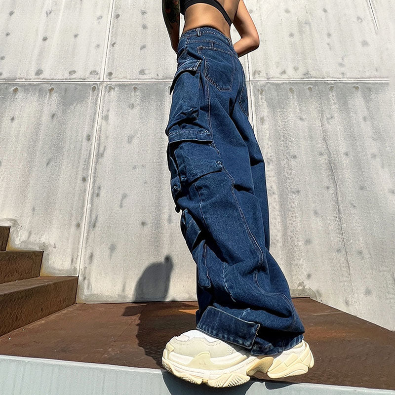Street Style Panel Trim Patch Pocket Oversized Cargo Jeans - Blue