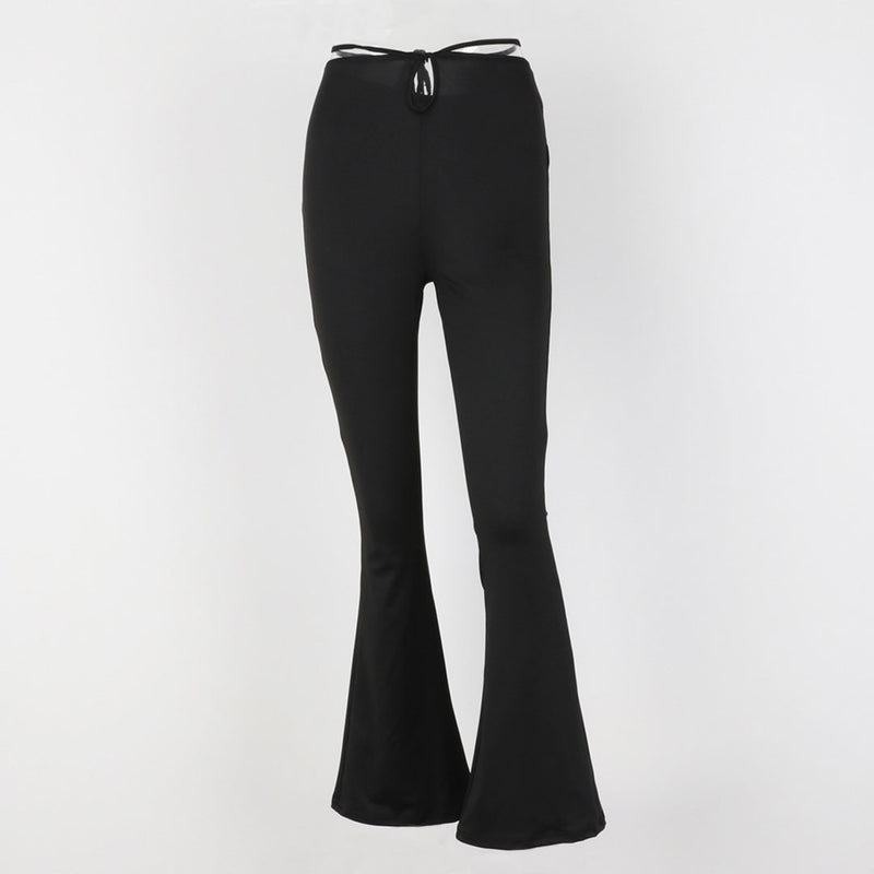Street Style Solid Color Cut Out Wide Leg Skinny Flare Pants - Black
