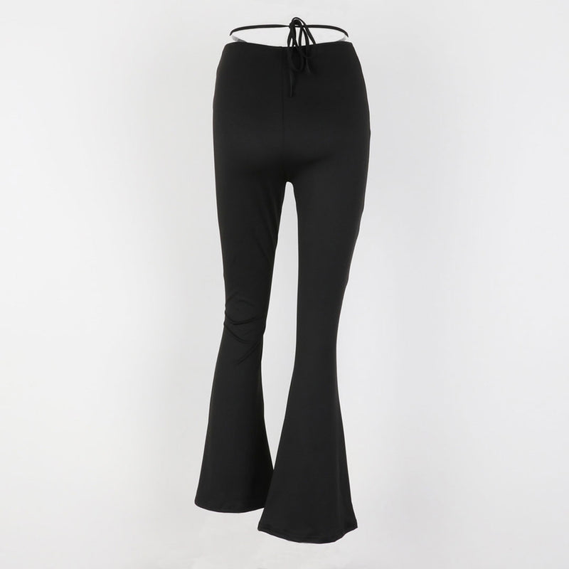 Street Style Solid Color Cut Out Wide Leg Skinny Flare Pants - Black