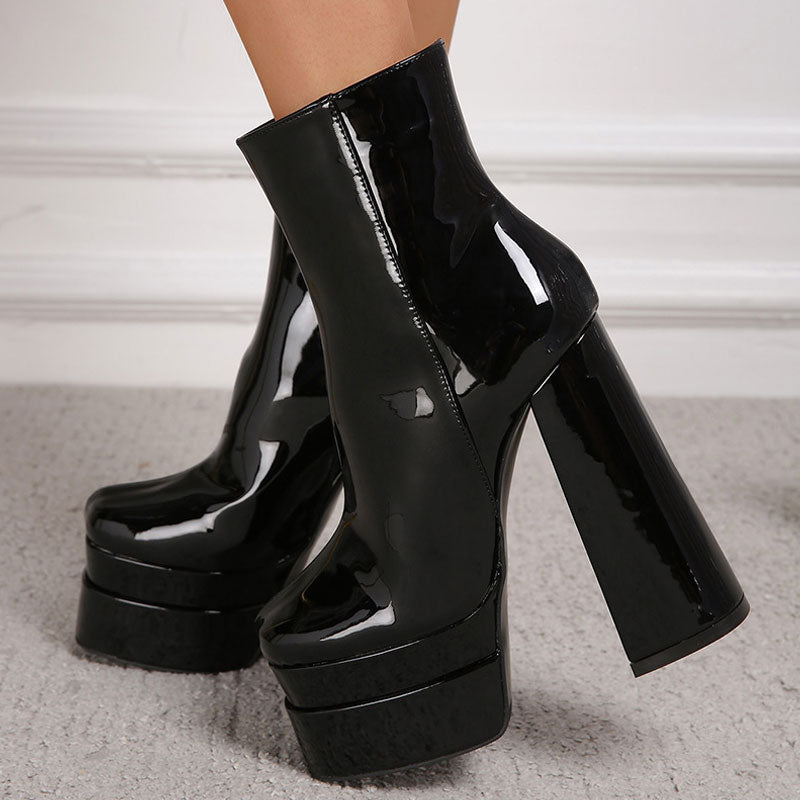 Striking Patent Leather Chunky High Heel Platform Ankle Boots - Black