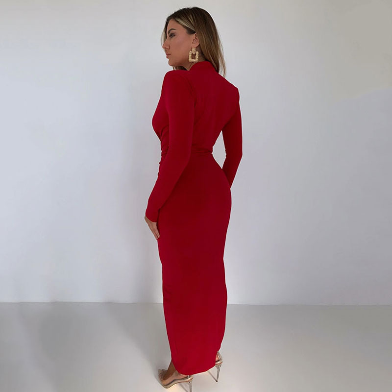 Striking Ruched Shoulder Pad Deep V Split Front Cocktail Maxi Dress - Red