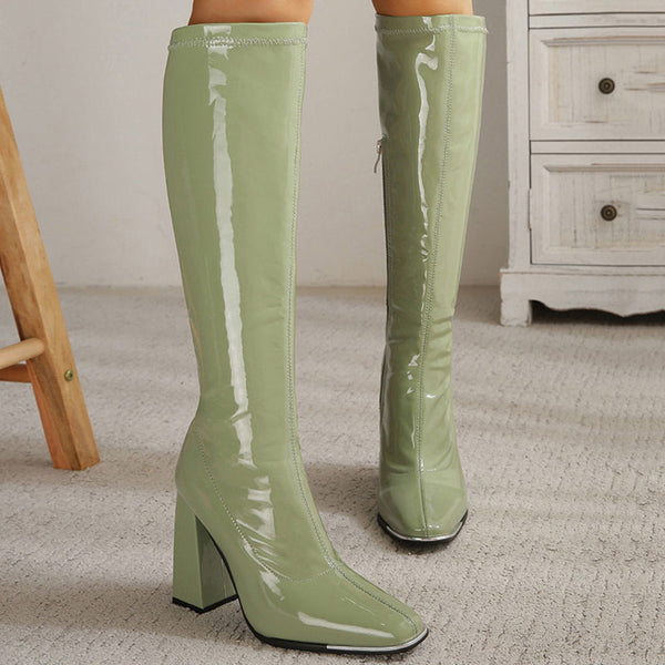 Striking Square Toe Patent Leather Block Heel Knee High Boots - Olive Green