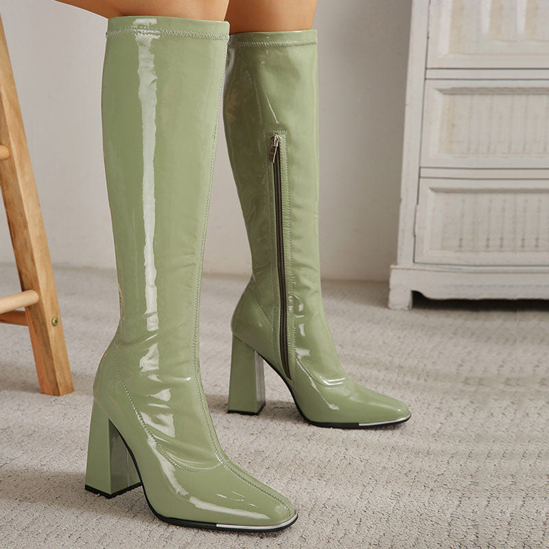 Striking Square Toe Patent Leather Block Heel Knee High Boots