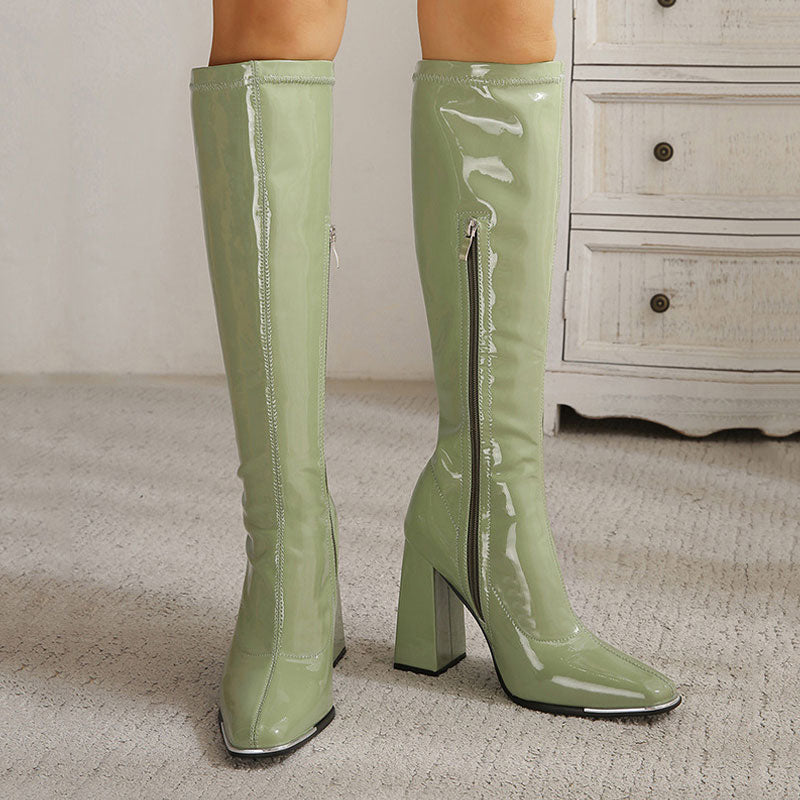 Striking Square Toe Patent Leather Block Heel Knee High Boots - Olive Green