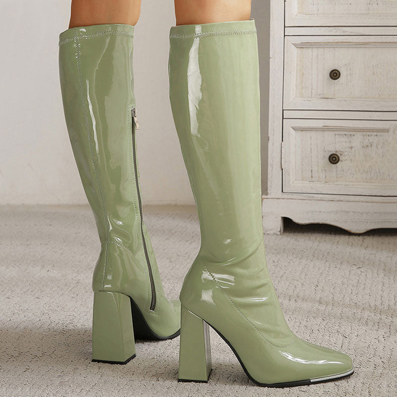 Striking Square Toe Patent Leather Block Heel Knee High Boots - Olive Green