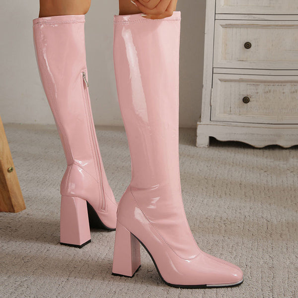 Striking Square Toe Patent Leather Block Heel Knee High Boots - Pink