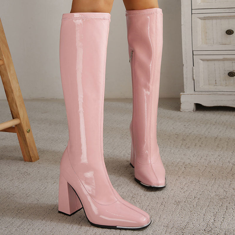 Striking Square Toe Patent Leather Block Heel Knee High Boots - Pink