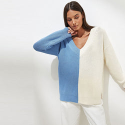 Stylish Contrast Color V Neck Drop Shoulder Long Sleeve Sweater - Blue