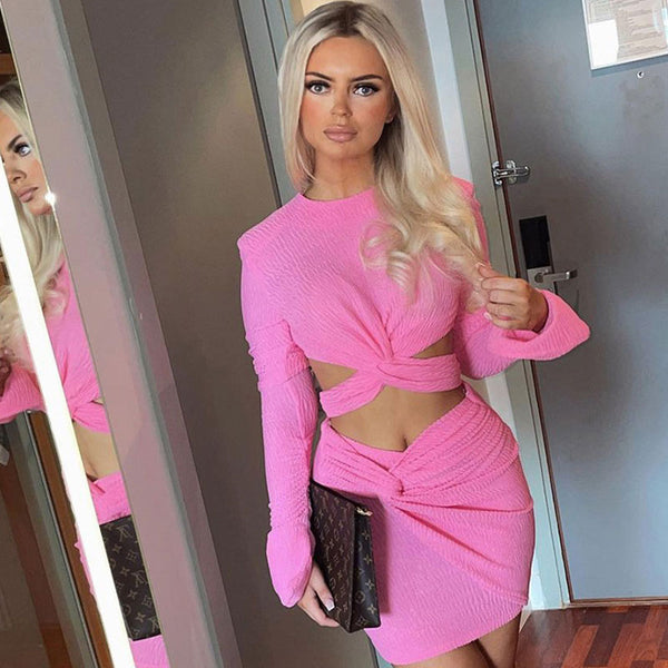 Stylish Smocked Long Sleeve Twist Cutout Skirt Matching Set - Pink