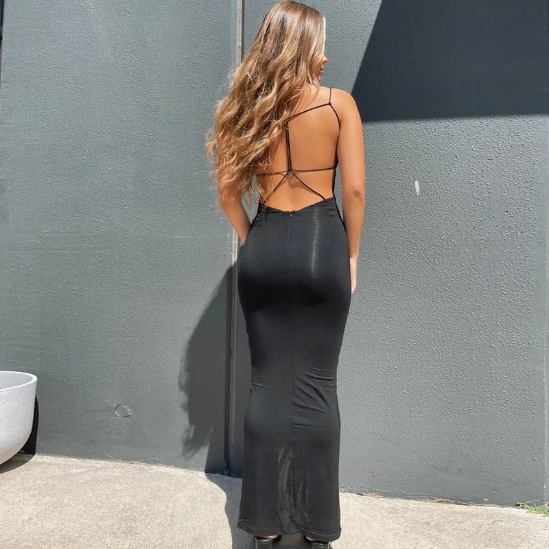 Sultry Cut Out Strappy Backless Bodycon Slip Club Midi Dress - Black
