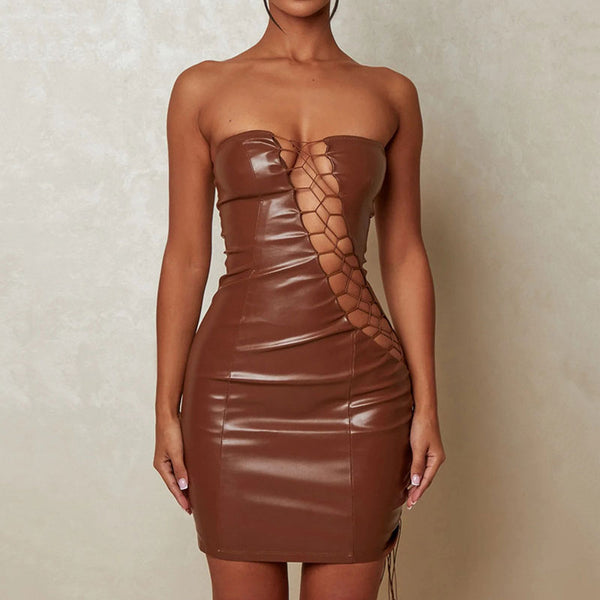 Sultry Faux Leather Strapless Lace Up Cut Out Bodycon Club Mini Dress - Brown