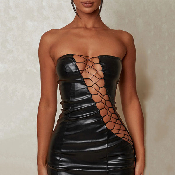Sultry Faux Leather Strapless Lace Up Cut Out Bodycon Club Mini Dress - Black
