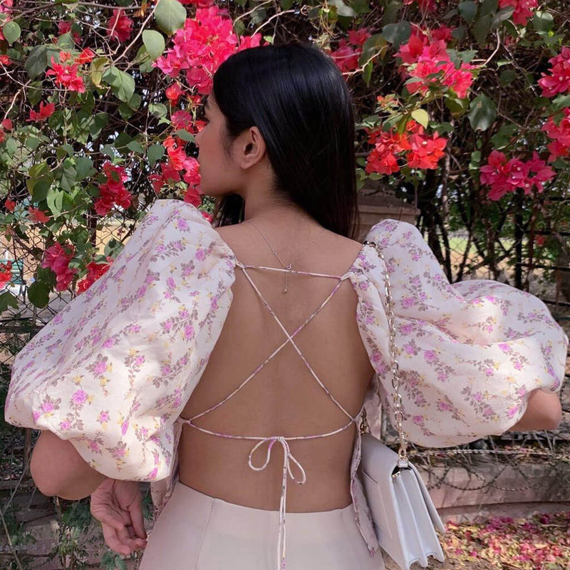 Sweet Lace Up Backless Floral Printed Puff Sleeve Crop Top - Beige