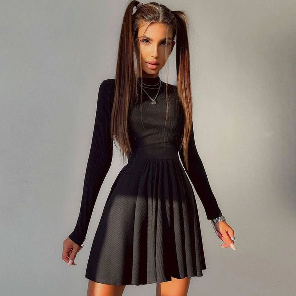Sweet Rib Knit Cut Out Back Long Sleeve Skater Mini Dress - Black