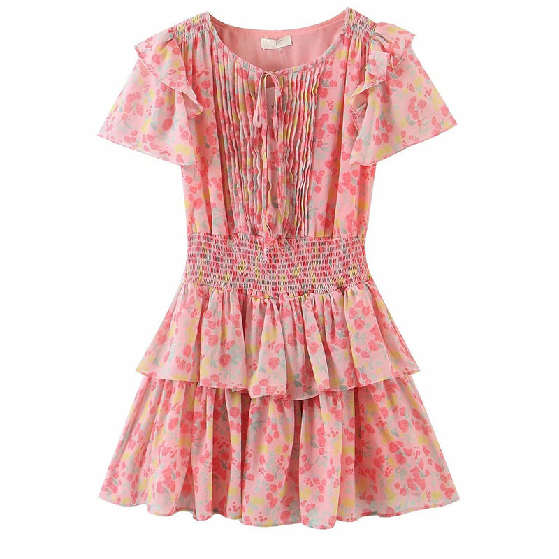 Sweet Style Frilled Tiered Ruffle Floral Printed Mini Dress - Pink