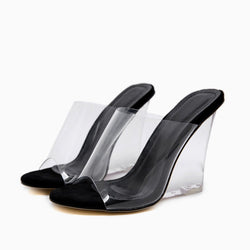 Chic Transparent Peep Toe Clear Block Heel Wedge Sandals - Black